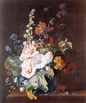 Malvarrosas y otras flores en un jarrón Jan van Huysum flores clásicas Pinturas al óleo